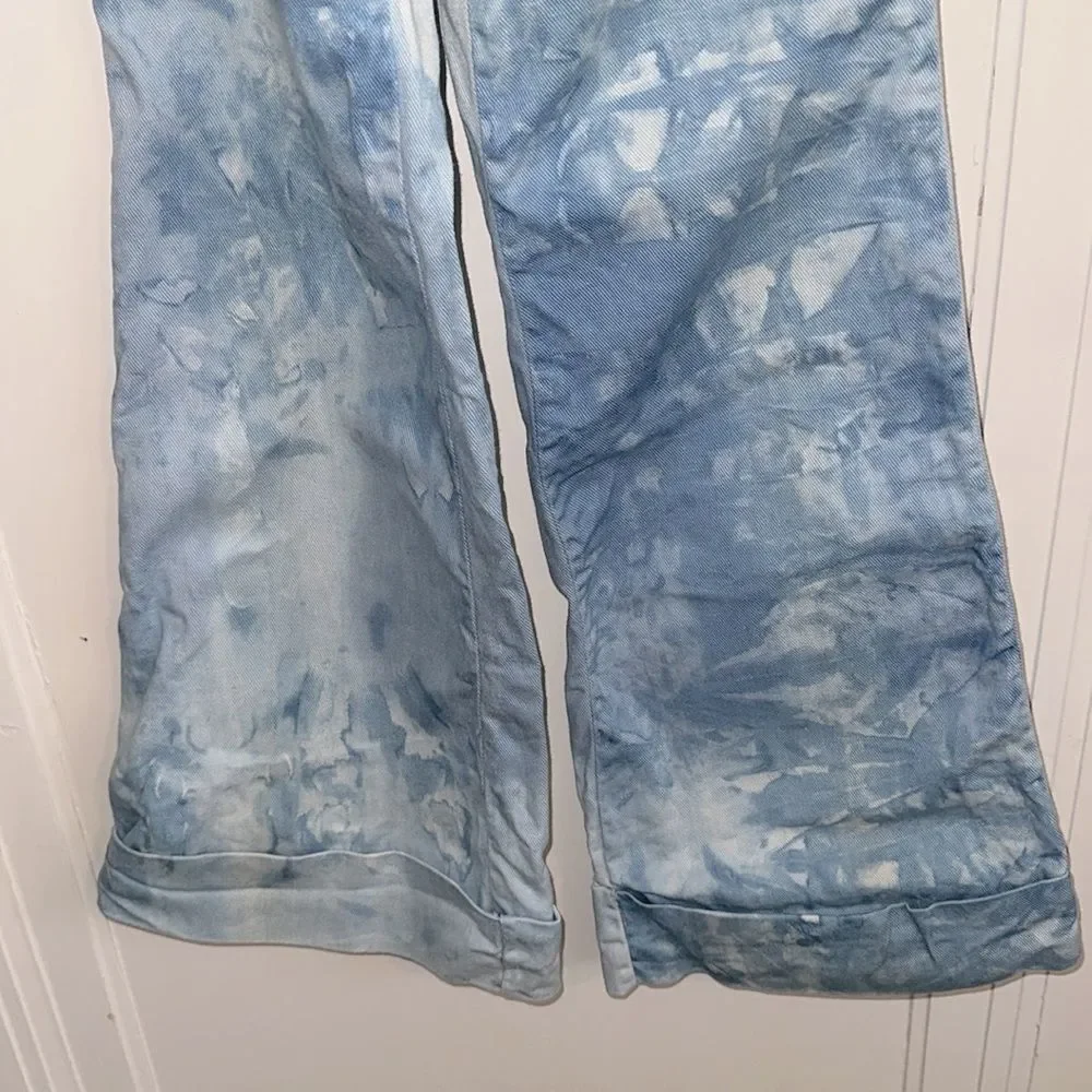 Vintage 70s Mambro Girls Blue Tie-Dye Bell Bottom Cuffed Jeans with Silver Studs